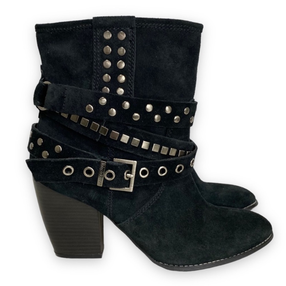 libby Edelman - Black Suede STudded Wrap Buckle Heeled Boot - Size 9.5 China - Picture 2 of 13